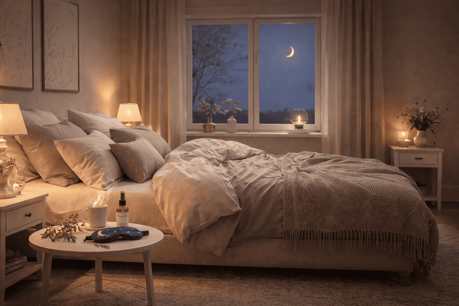 Chambre cosy aux lumières chaudes, boutique Nuitae pour mieux dormir