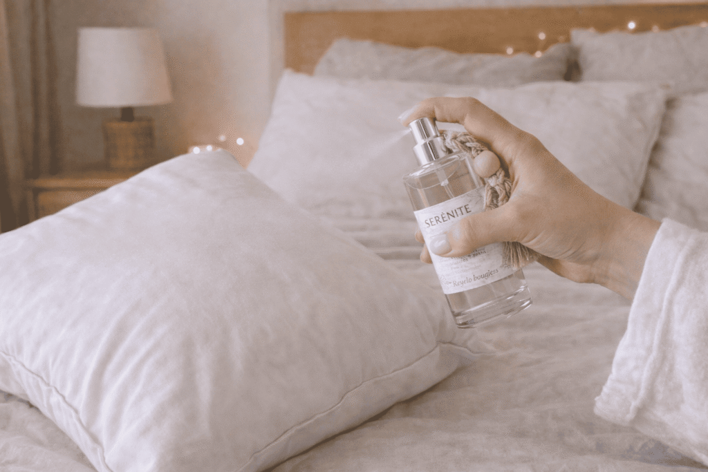 Brume d’oreiller vaporisée sur un oreiller dans une chambre apaisante