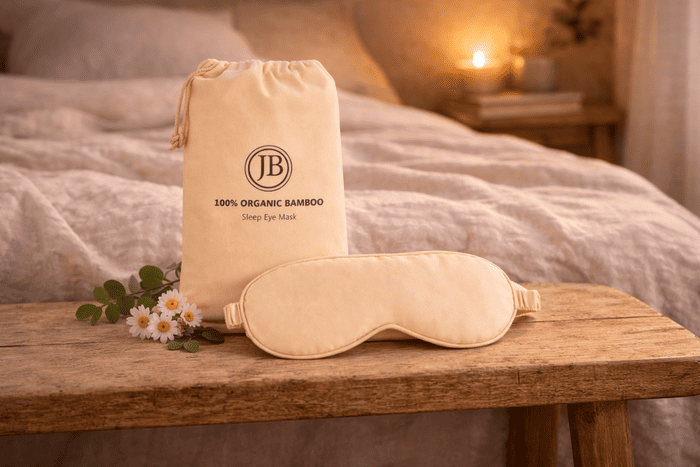 Masque de nuit en bambou Jo Browne avec pochette – Présentation sur meuble au pied du lit