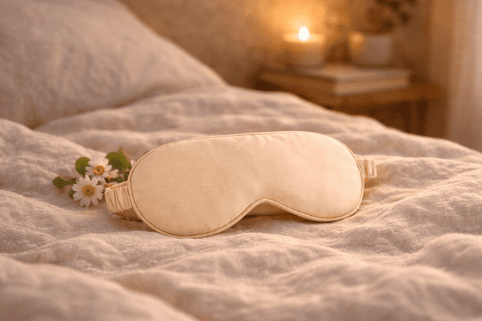 Masque de nuit en bambou Jo Browne – Mise en scène sur lit, ambiance chambre apaisée