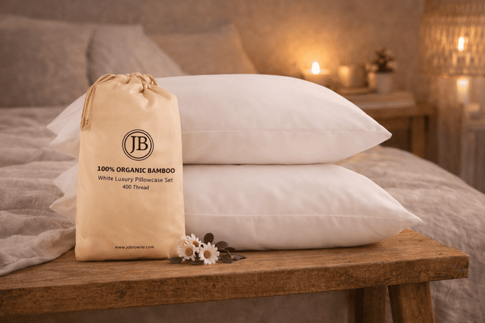 Taies d’oreiller en bambou bio 400 fils Jo Browne avec pochette, mises en scène dans une chambre apaisante à lumière du soir