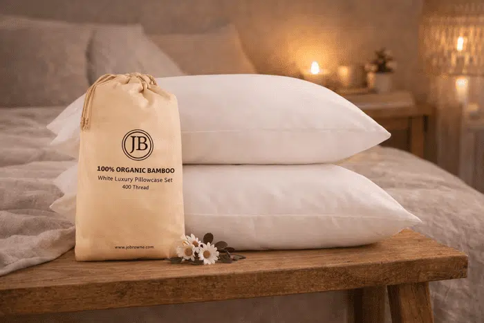 Taies d’oreiller en bambou bio 400 fils Jo Browne avec pochette, mises en scène dans une chambre apaisante à lumière du soir