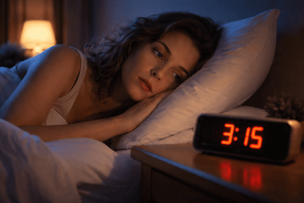 Femme se demandant pourquoi je me réveille la nuit, regardant son réveil, illustration du réveil nocturne et des difficultés de sommeil