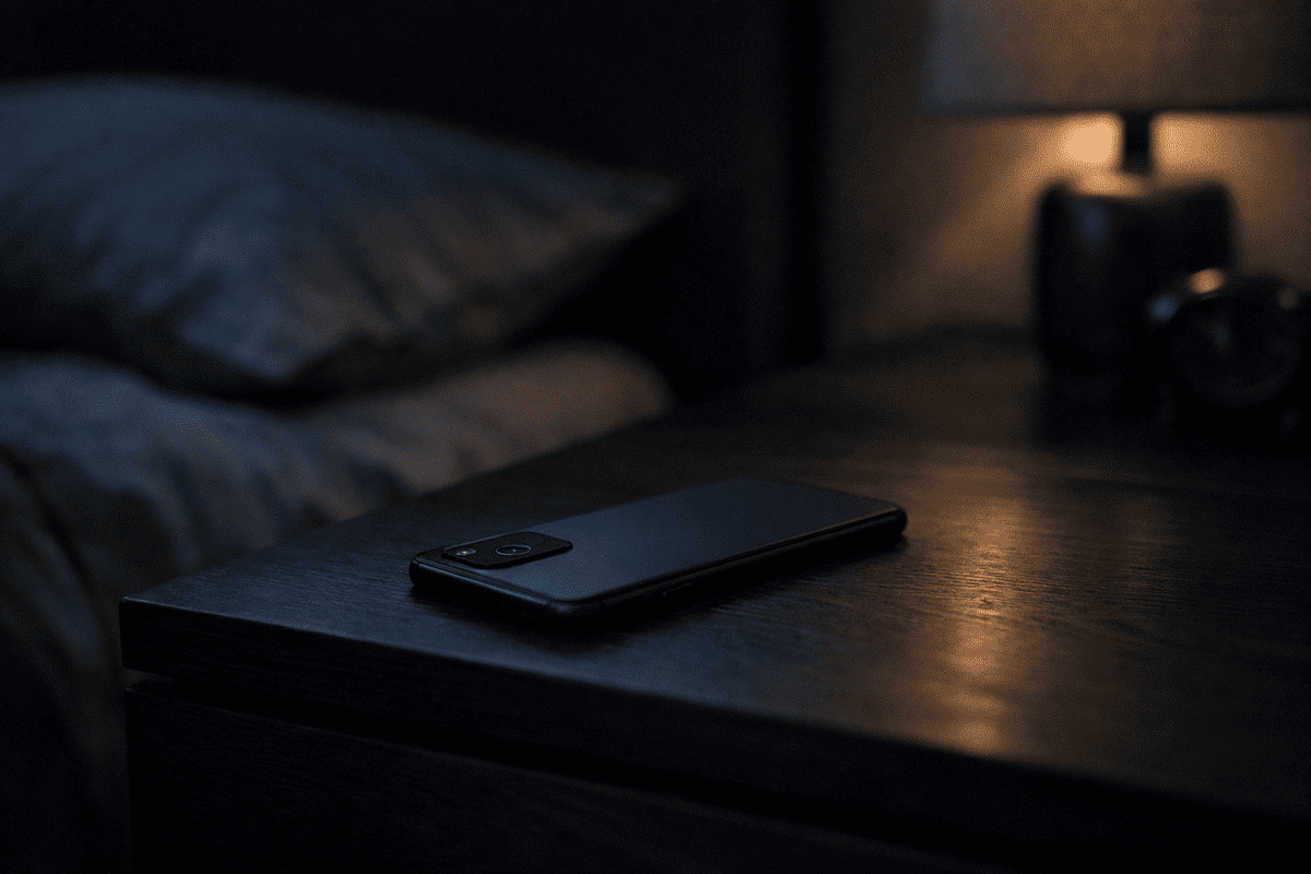 téléphone dans la chambre posé sur table de nuit chambre obscure sommeil perturbé