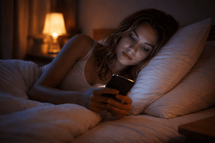 Femme regardant son téléphone dans son lit le soir, exposée à la lumière bleue des écrans