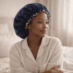 Femme assise sur un lit portant le bonnet de nuit en satin Amber bleu nuit, dans une chambre aux tons crème et lin