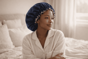 Femme assise sur un lit portant le bonnet de nuit en satin Amber bleu nuit, dans une chambre aux tons crème et lin