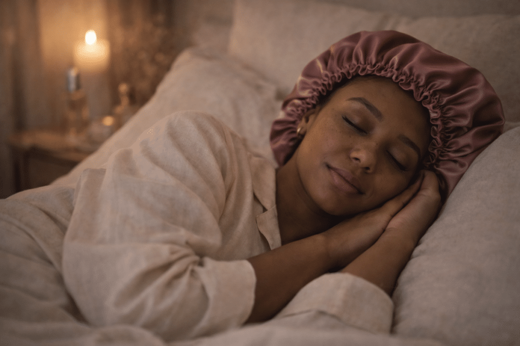 Femme endormie portant un bonnet de nuit en satin dans une chambre douce et tamisée