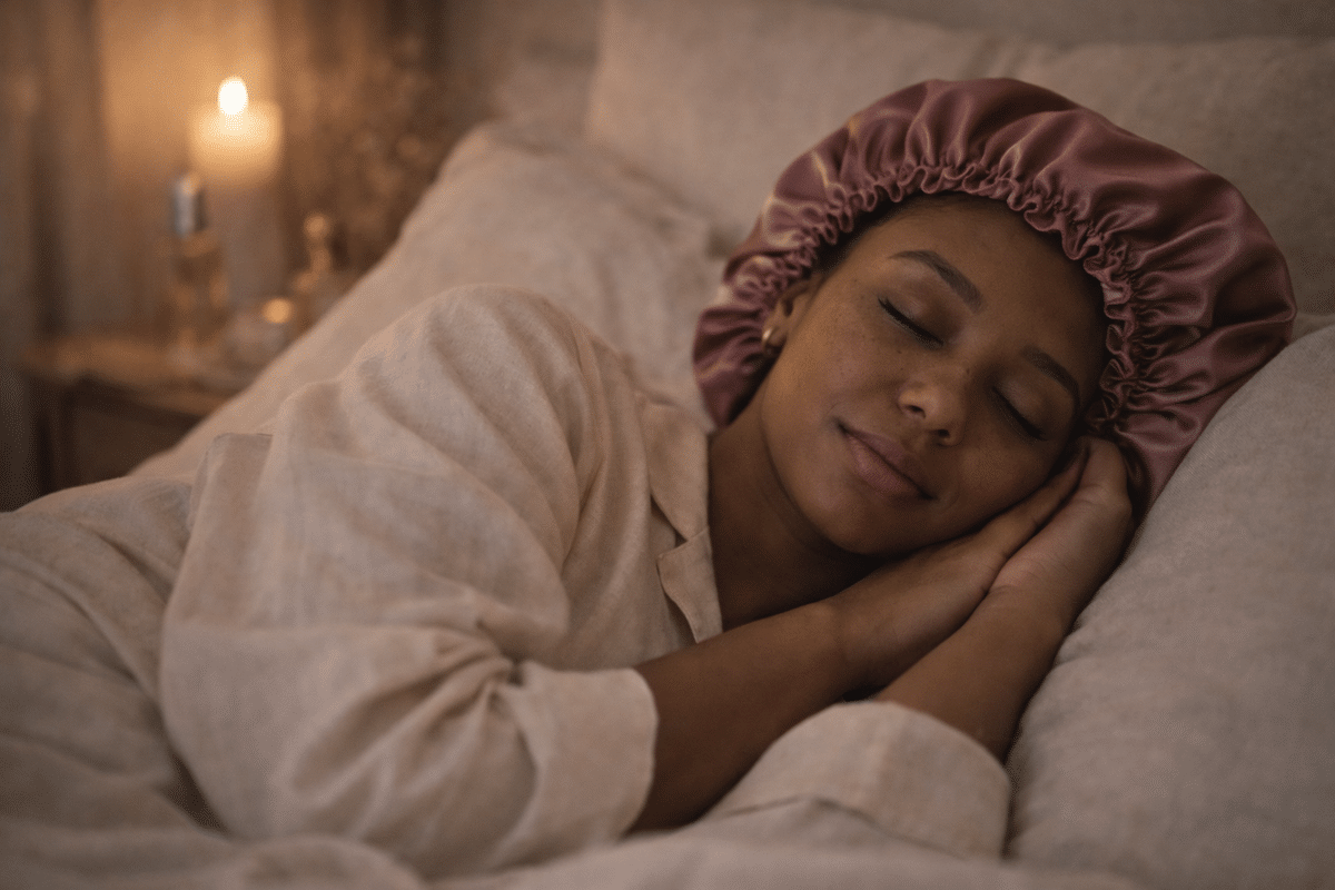 Femme endormie portant un bonnet de nuit en satin dans une chambre douce et tamisée