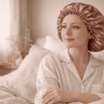 Femme assise sur un lit portant le bonnet de nuit en satin Ruby rose gold, dans une chambre aux tons crème et lin