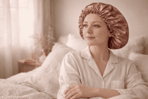 Femme assise sur un lit portant le bonnet de nuit en satin Ruby rose gold, dans une chambre aux tons crème et lin