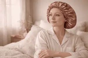 Femme assise sur un lit portant le bonnet de nuit en satin Ruby rose gold, dans une chambre aux tons crème et lin