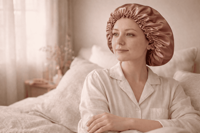 Femme assise sur un lit portant le bonnet de nuit en satin Ruby rose gold, dans une chambre aux tons crème et lin