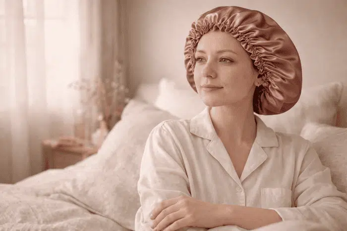 Femme assise sur un lit portant le bonnet de nuit en satin Ruby rose gold, dans une chambre aux tons crème et lin