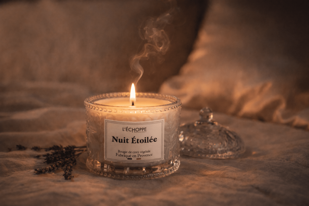 Bougie parfumée Nuit Étoilée soufflée dans une chambre au linge de lit en lin, fumée s'élevant doucement, évoquant le rituel olfactif du sommeil