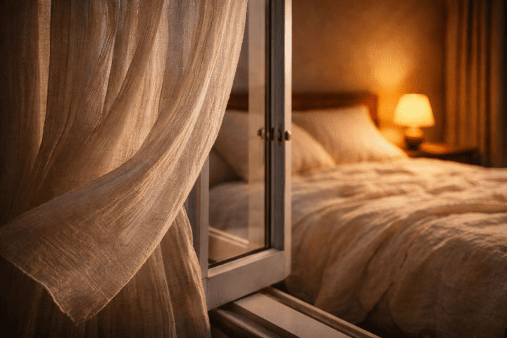 Fenêtre entrouverte dans une chambre la nuit pour réguler la température et favoriser l'endormissement