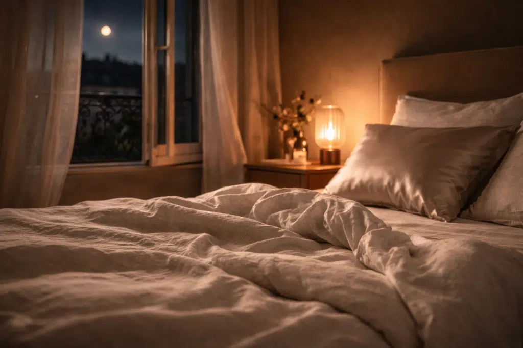 Chambre à l'ambiance feutrée la nuit avec linge de lit en lin et lampe ambrée, illustrant la température idéale d'une chambre pour bien dormir