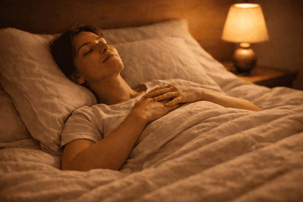 Femme qui s'endort rapidement dans une chambre apaisante éclairée par une lampe de chevet ambrée
