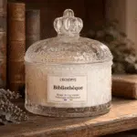 Bougie parfumée Bibliothèque L'Échoppe Buissonnière posée sur une étagère en bois avec des livres anciens et de la lavande