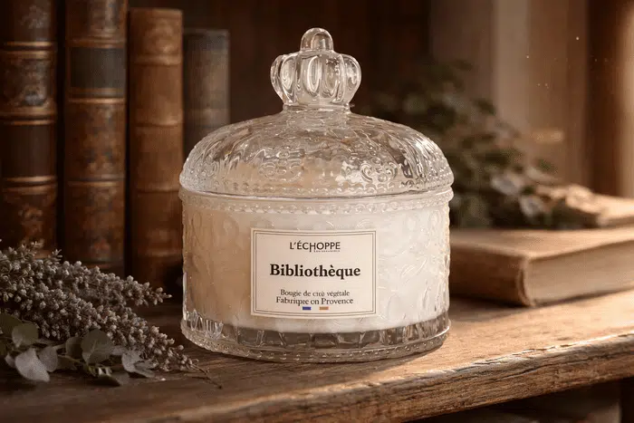 Bougie parfumée Bibliothèque L'Échoppe Buissonnière posée sur une étagère en bois avec des livres anciens et de la lavande