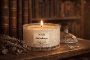 Bougie parfumée Bibliothèque L'Échoppe Buissonnière allumée posée sur une étagère en bois avec des livres anciens et de la lavande