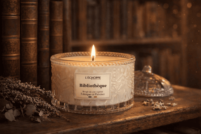 Bougie parfumée Bibliothèque L'Échoppe Buissonnière allumée posée sur une étagère en bois avec des livres anciens et de la lavande
