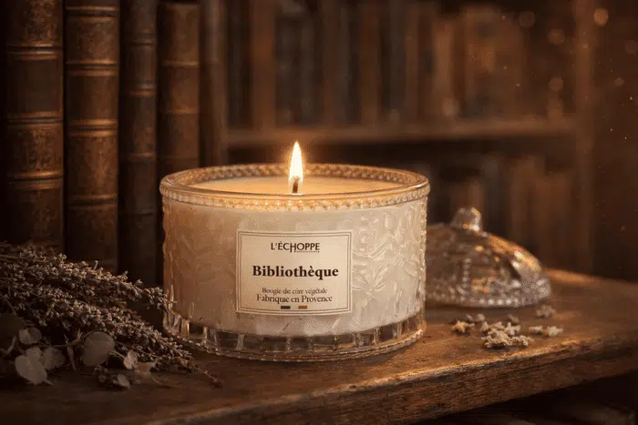 Bougie parfumée Bibliothèque L'Échoppe Buissonnière allumée posée sur une étagère en bois avec des livres anciens et de la lavande