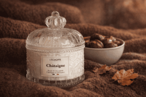 Bougie parfumée à la Châtaigne de L'Échoppe Buissonnière posée sur un plaid en laine avec des châtaignes et des feuilles d'automne