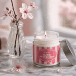 Bougie parfumée Fleur de Cerisier de L'Échoppe Buissonnière allumée sur un plan de marbre avec des branches de cerisier en fleurs