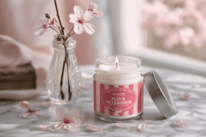 Bougie parfumée Fleur de Cerisier de L'Échoppe Buissonnière allumée sur un plan de marbre avec des branches de cerisier en fleurs