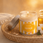 Bougie parfumée Monoï de L'Échoppe Buissonnière allumée sur un plateau en osier avec une fleur de tiaré et un flacon d'huile