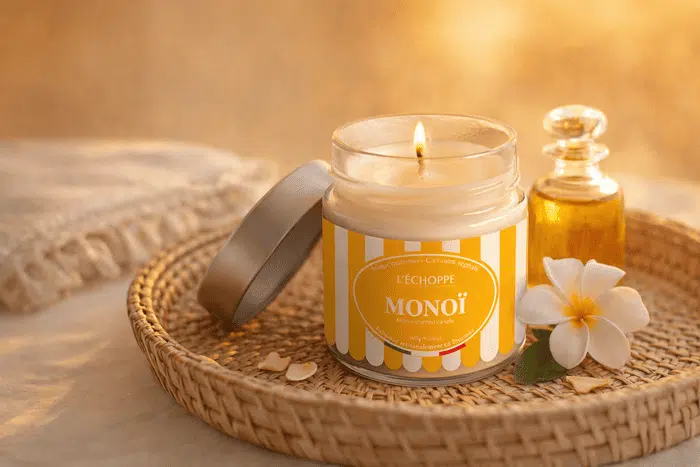 Bougie parfumée Monoï de L'Échoppe Buissonnière allumée sur un plateau en osier avec une fleur de tiaré et un flacon d'huile
