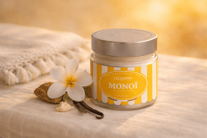 Bougie parfumée Monoï de L'Échoppe Buissonnière avec couvercle posée sur un tissu en lin avec une fleur de tiaré et une gousse de vanille
