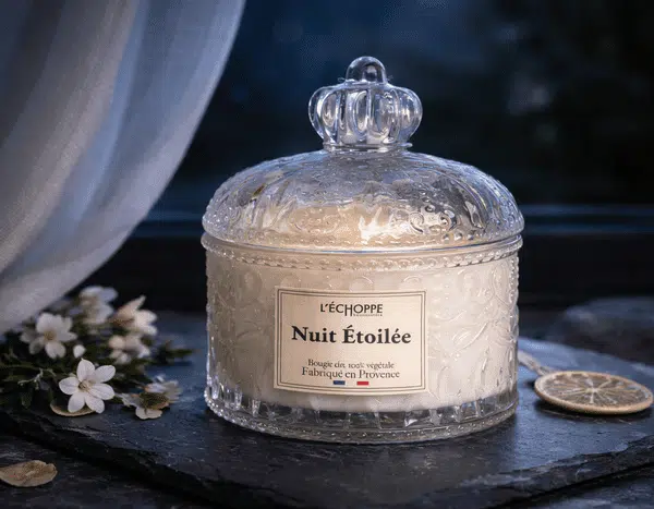Bougie parfumée Nuit Étoilée de L'Échoppe Buissonnière dans un pot en verre ouvragé avec couvercle