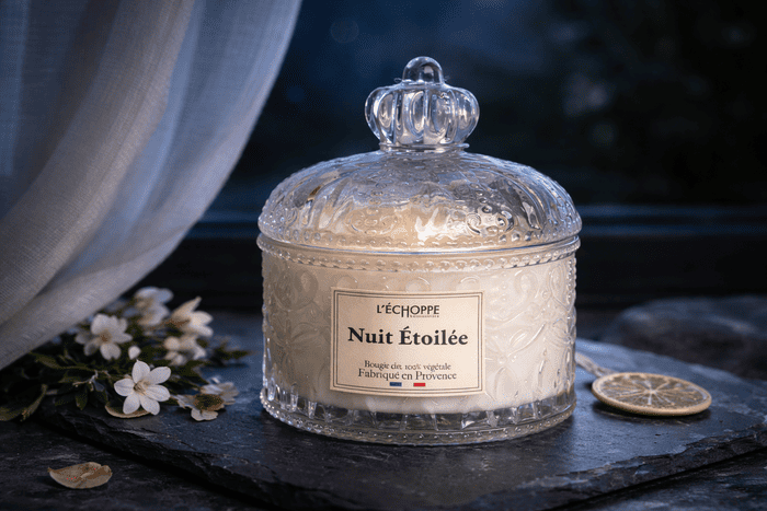 Bougie parfumée Nuit Étoilée de L'Échoppe Buissonnière dans un pot en verre ouvragé avec couvercle