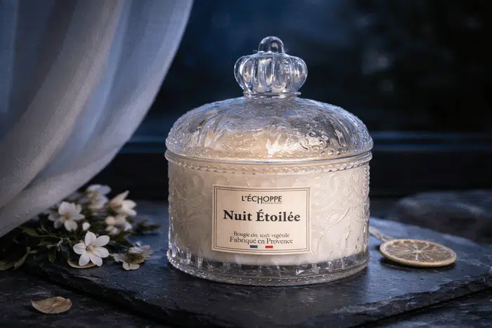 Bougie parfumée Nuit Étoilée de L'Échoppe Buissonnière dans un pot en verre ouvragé avec couvercle