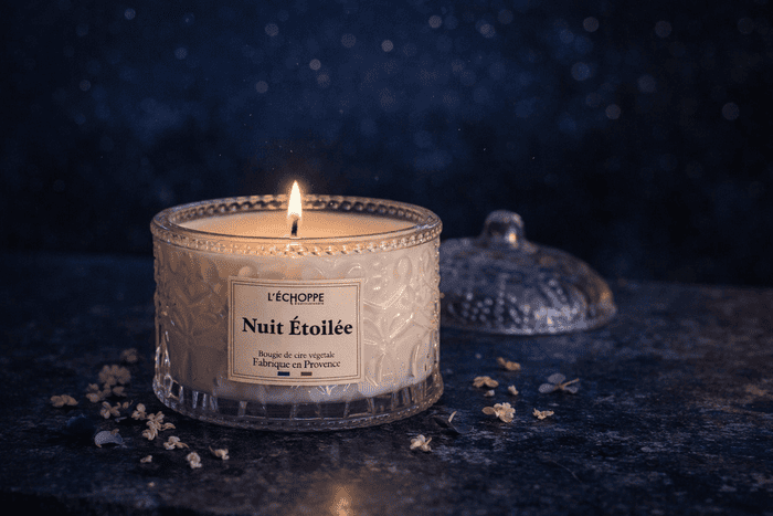 Bougie parfumée Nuit Étoilée de L'Échoppe Buissonnière allumée sur un fond bleu nuit avec des pétales de fleurs