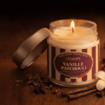 Bougie parfumée Vanille Patchouli de l'Échoppe Buissonnière allumée sur un plan en bois avec une fleur de tiaré, des gousses de vanille et des épices