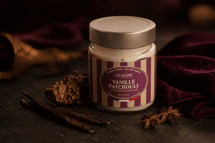 Bougie parfumée Vanille Patchouli de l'Échoppe Buissonnière avec couvercle sur un fond sombre avec des gousses de vanille et de l'anis étoilé