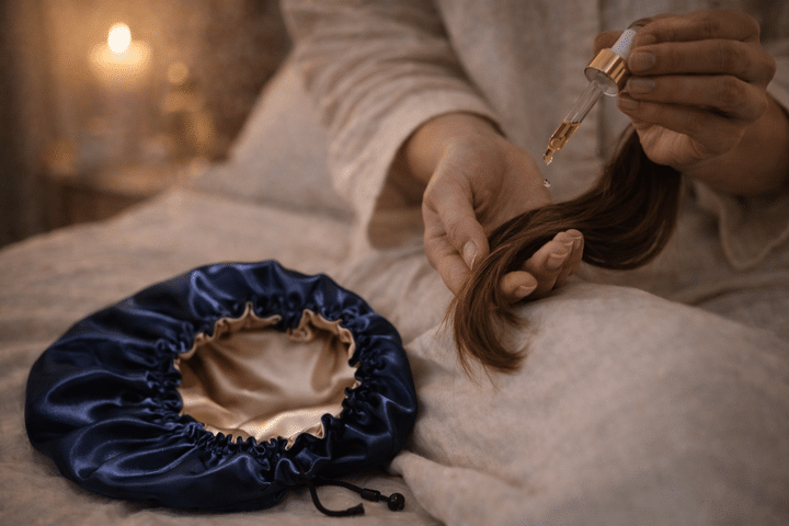 Application d'une huile capillaire sur les pointes avant d'enfiler un bonnet de nuit en satin