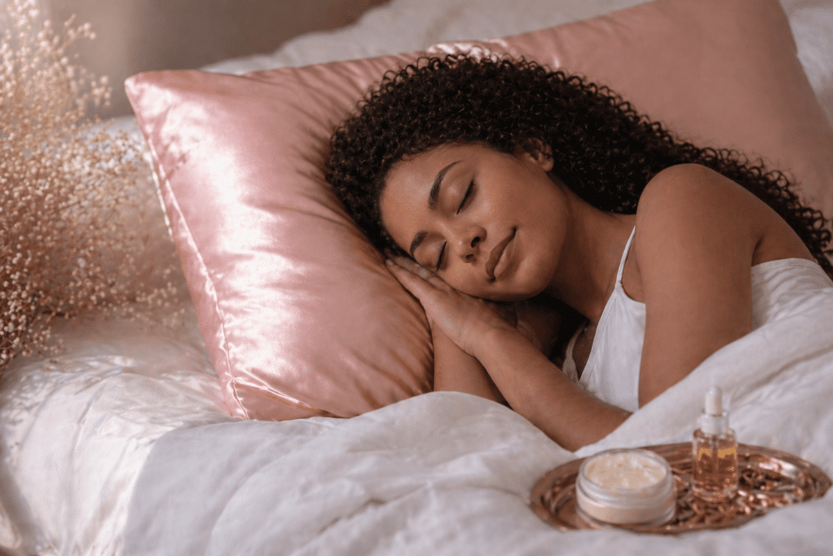 Femme aux cheveux bouclés dormant paisiblement sur une taie d'oreiller en satin Rose gold MAEVA QUEEN, avec plateau de soins de nuit