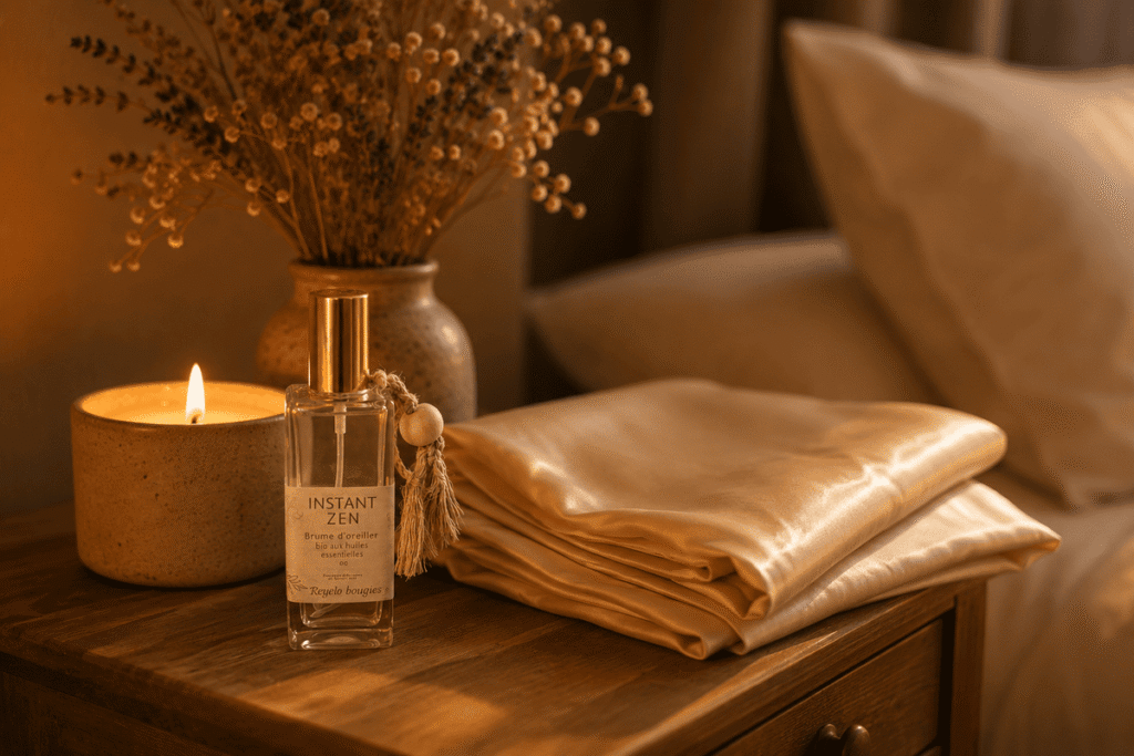 Bougie allumée et taie d'oreiller en satin sur une table de chevet, ambiance du rituel du soir