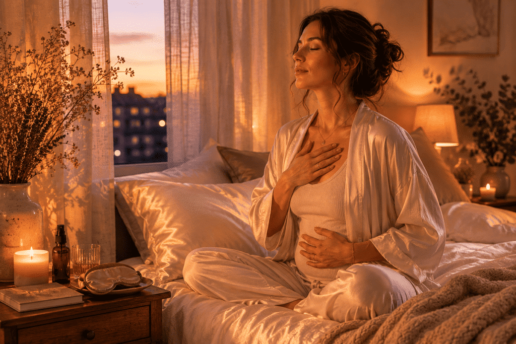 Femme pratiquant la cohérence cardiaque le soir dans une chambre apaisante