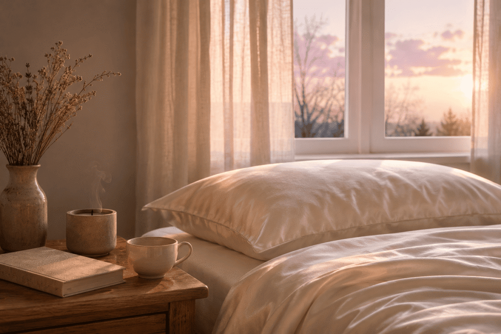 Insomnie : chambre baignée de lumière douce à l'aube, sommeil retrouvé après une nuit apaisée