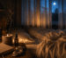 Chambre éclairée à la bougie en pleine nuit avec lit défait, réveil et brume d'oreiller, scène évoquant l'insomnie et le rituel du soir