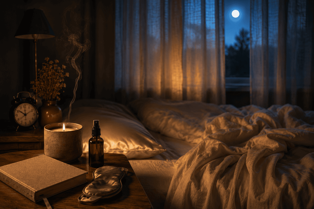 Chambre éclairée à la bougie en pleine nuit avec lit défait, réveil et brume d'oreiller, scène évoquant l'insomnie et le rituel du soir