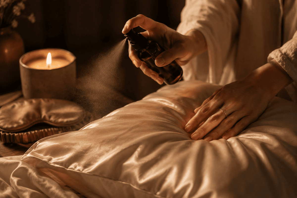 Insomnie : application d'une brume d'oreiller sur taie en satin, geste apaisant du rituel du soir