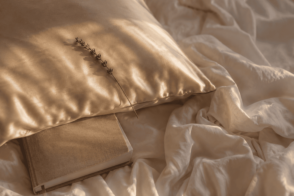 Insomnie : taie d'oreiller en satin ivoire avec brin de lavande séchée, sanctuaire du sommeil apaisant