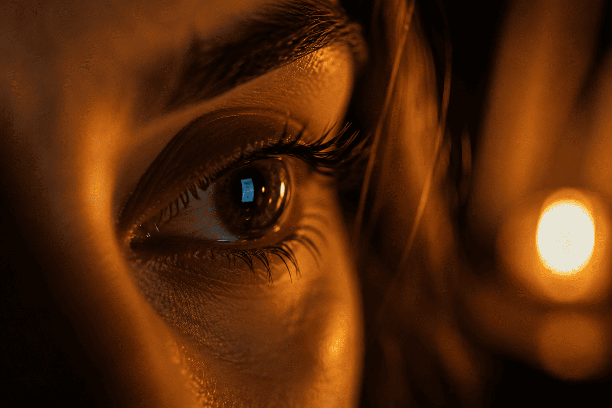 Reflet bleu d'un écran dans l'œil d'une femme la nuit, illustrant l'impact de la lumière bleue sur le cerveau
