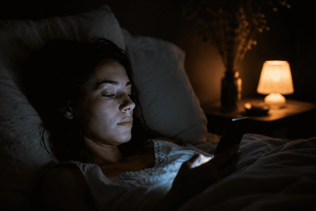 Lumière bleue et sommeil : femme exposée à l'écran de son téléphone le soir
